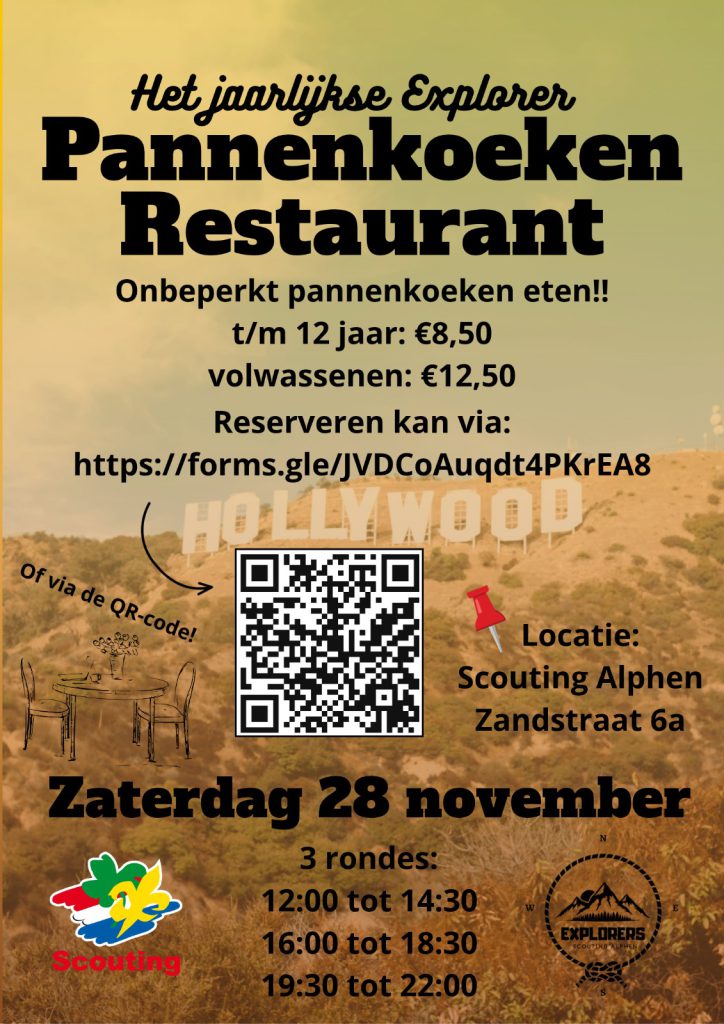 Poster van het Pannenkoekenrestaurant 2026 met daarop informatie en een QR-code